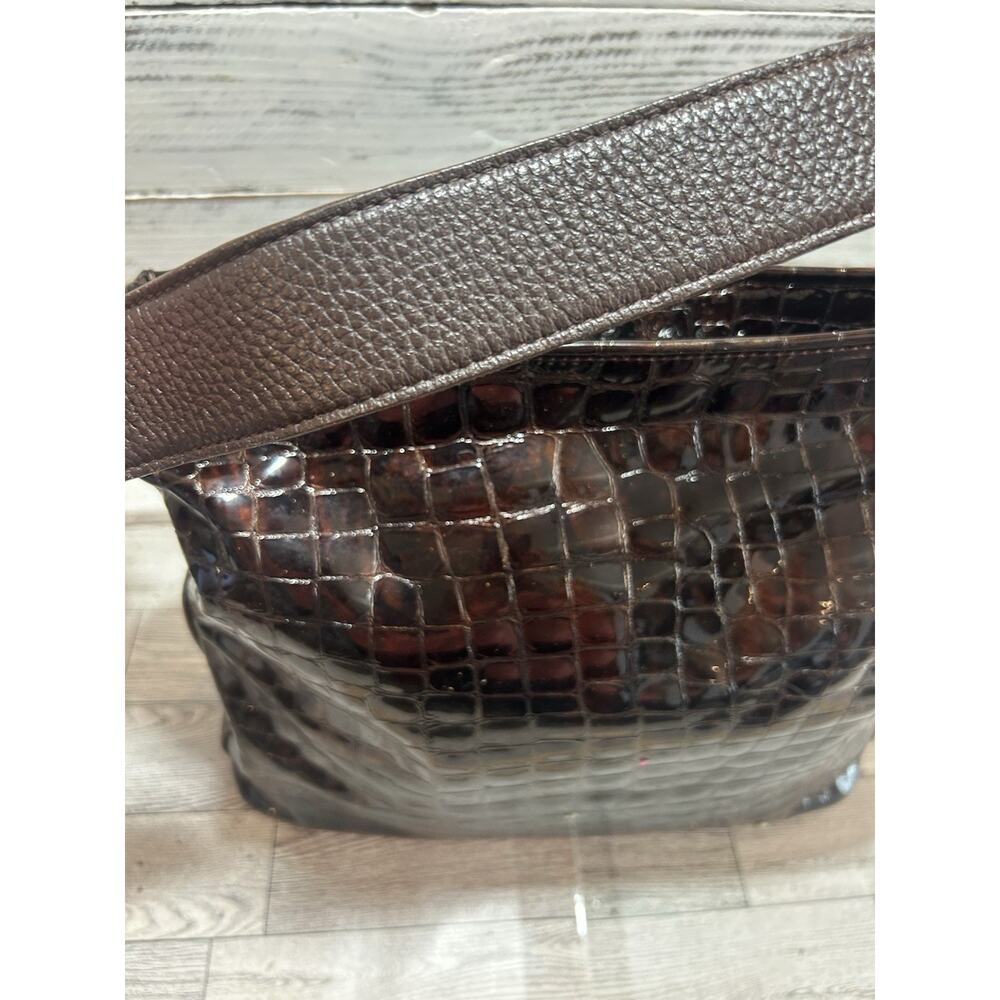BRIGHTON Cher Handbag Bronze Brown Croc Patent Leather Shoulder Bag Orange Lined - Picture 7 of 10